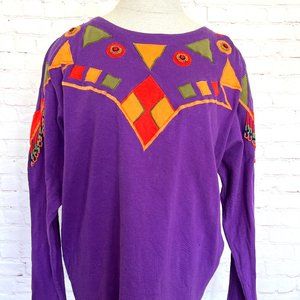 VTG - Tribal Print Long Sleeve T-shirt - Beaded Sleeves - Size Medium